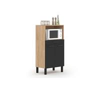 Buffet mi-haut de cuisine pour micro-onde 60 cm CINA 1 tiroir 2 portes façon hêtre et noir