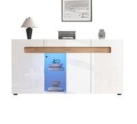 Buffet Moderne avec Espace de Rangement et éclairage LED, Armoire avec 3 Portes, étagère en Verre,140x40x70cm, Blanc+Couleur Bois