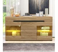 Buffet moderne avec LED - 140x35x80 cm - Chêne - 3 portes - 3 tiroirs - Étagères en verre trempé - Portes en acrylique