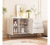 Buffet moderne avec poignées et pieds dorés - Commode avec 7 compartiments et coins arrondis - Armoire pour salon, chambre à coucher, salle de bain - Surface laquée élégante avec motif grillagé