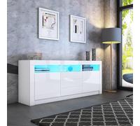 Buffet moderne blanc brillant avec lumières LED 2 portes et 3 tiroirs Meuble de rangement élégant pour salon 160 x 35 x 72 cm