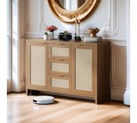 Buffet moderne en rotin avec rangement, table console style bohème Credenza avec tiroirs et portes, armoire à café en bois pour entrée, salon, ferme (chêne naturel)