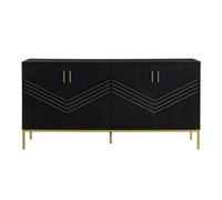 Buffet Moderne Noir Et Or, 4 Portes Avec Étagères Réglables Et Pieds Métalliques, Pour Salon