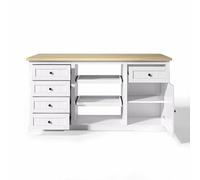 Buffet multifonction îlot cuisine bar, 5 tiroirs, 2 plateaux coulissants, rallonge rabattable, prises intégrées USB, rangement vaisselle épices appareils, comptoir salon salleàmanger (Blanc)