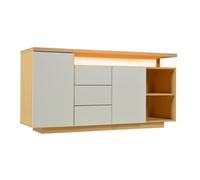 Buffet multifonctionnel, longueur 140 cm, blanc et imitation bois - 2 portes, 3 tiroirs, 2 compartiments ouverts, avec éclairage LED