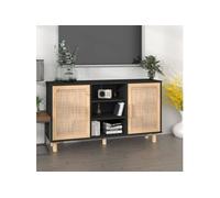 Buffet Noir 105x30x60 cm Bois de pin massif et rotin naturel