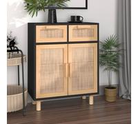 Buffet Noir 60x30x75 cm Bois de Pin Massif et Rotin Naturel Armoire vidaXL