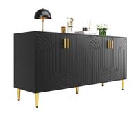 Buffet noir avec design ondulé unique et poignées et pieds dorés, buffet avec 4 portes, poignées et pieds dorés pour une sensation élégante, pour salon, cuisine, 152 x 40 x 75 cm