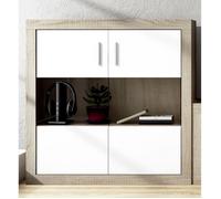 Buffet - PEGANE - Meuble de rangement 2 portes - Chêne cambrian - Blanc - Contemporain