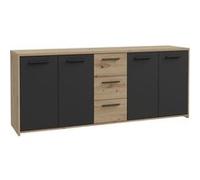 Buffet PILVI - Style contemporain - Particules mélaminé -Décor Chêne artisan et Noir- 4 portes + 3 tiroirs - L179,2 x P42 x H74,5