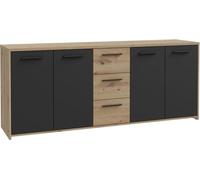 Buffet PILVI - Style contemporain - Particules mélaminé -Décor Chene artisan et Noir- 4 portes + 3 tiroirs - L179,2 x P42 x H74,5