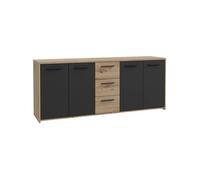 Buffet PILVI - Style contemporain - Particules mélaminé -Décor Chêne artisan et Noir- 4 portes + 3 tiroirs - L179,2 x P42 x H74,5 cm