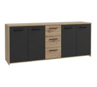 Buffet PILVI - Style contemporain - Particules mélaminé -Décor Chêne artisan et Noir- 4 portes + 3 tiroirs - L179,2 x P42 x H74,5