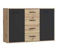 Buffet PILVI - Style contemporain - Particules mélaminées - Décor chêne et noir - 2 portes + 4 tiroirs - L 122,6 x P 34,2 x H 81,7 cm