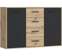 Buffet PILVI - Style contemporain - Particules mélaminé -Reproduction Chene et noir - 2 portes + 4 tiroirs - L 122,6 x P 34,2 x H 81,7 cm