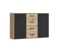 Buffet PILVI - Style contemporain - Particules mélaminées - Décor chêne et noir - 2 portes + 4 tiroirs - L 122,6 x P 34,2 x H 81,7 cm