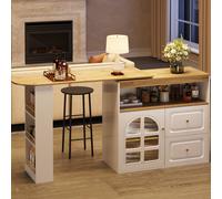 Buffet pivotant 360°, avec 2 tiroirs, étagère à snacks, verre cintré, 138-204x39x104 cm, Blanc