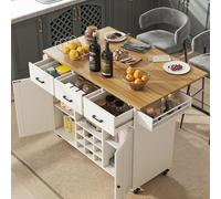 Buffet Pour Cuisine(124 X 40 X 91.5cm) Table De Cuisine Mobile , Plan De Travail Rabattable, Meuble Multifonction, Tiroir, Étagère À Épices, Porte-serviettes, 5 Roulettes, Séparateurs Réglables, Blanc