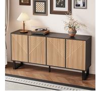 Buffet, quatre portes, finition bois noir, panneaux rayés 3D, style contemporain minimaliste, idéal pour les couloirs et les salons