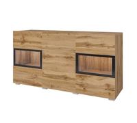 Buffet RAMOS 130 cm - Chêne doré et noir - LED multicolore intégrée - 2 portes vitrées et 3 tiroirs