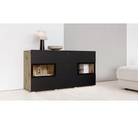 Buffet RAMOS 130 cm - chêne et noir super mat - LED multicolores intégrées - 2 portes vitrées + 3 tiroirs