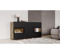 Buffet RAMOS 130 cm - Chêne et noir supermatt - 2 portes vitrées et 3 tiroirs - Sans LED