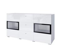Buffet RAMOS - 2 portes vitrées + 3 tiroirs - Coloris blanc brillant et noir - LED non incluse