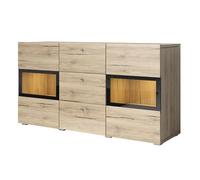 Buffet RAMOS - 2 portes vitrées + 3 tiroirs - Coloris chêne et noir - Design contemporain - LED non incluse