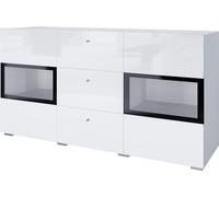 Buffet RAMOS - 2 portes vitrées + 3 tiroirs - Couleur blanc brillant et noir - LED non incluses