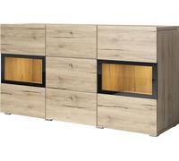 Buffet RAMOS - Chêne et noir - LED multicolores intégrées - 2 portes vitrées + 3 tiroirs - style contemporain