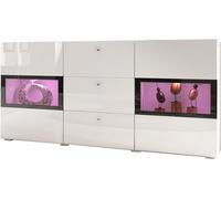 Buffet RAMOS - Couleur blanc et noir brillant - LED multicolores intégrées - 2 portes vitrées + 3 tiroirs