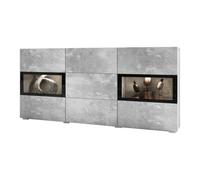 Buffet Ramos - Gris Effet béton et Noir - LED Multicolores incluses - 2 Portes vitrées + 3 tiroirs