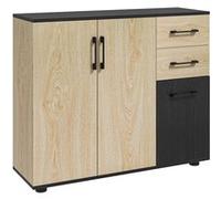 Buffet rangement 3 portes étagère 2 tiroirs coulissants panneaux aspect bois clair noir Beige G