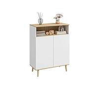 Buffet rangement design scandinave 2 portes étagère niche piètement bois pin panneaux blanc aspect chêne clair Blanc G