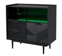 Buffet rangement multifonction éclairage LED, portes coulissantes en verre, commode deux tiroirs, armoire basse entrée salon cuisine salle bain, pieds métal, façade texturée, montage guidé (Noir)