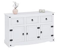 Buffet Rural Commode bahut vaisselier en pin Massif Blanc avec 3 tiroirs et 3 Portes, Meuble de Rangement Style Mexicain en Bois dim 125 x 76 x 40 cm