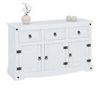 Buffet RURAL commode bahut vaisselier en pin massif blanc avec 3 tiroirs et 3 portes, meuble de rangement style mexicain en bois