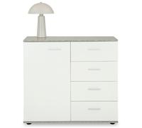 IDIMEX Buffet Salle à Manger Chicago L 91 cm en Bois Coloris béton et Blanc avec 4 tiroirs et 1 Porte, Meuble Rangement pour Cuisine ou Salle à Manger