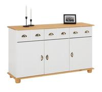 Buffet salle à manger COLMAR en bois massif L 134 cm avec 3 portes battantes et 3 tiroirs spacieux, blanc et brun