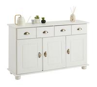 IDIMEX Buffet Salle à Manger Colmar en Bois L116 cm avec 3 Portes battantes et 2 tiroirs spacieux, poignées Coquille, Meuble de Rangement, Structure Robuste et Finition élégante, Blanc