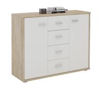 IDIMEX Buffet Salle à Manger Elodie L 89 cm Coloris chêne Sonoma et Blanc avec 4 tiroirs et 2 Portes, bahut Bas, Meuble de Rangement Style Moderne, 89 x 70 x 30 cm
