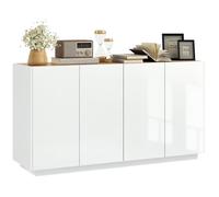 Buffet Design Contemporain Blanc Laqué Plateau Aspect Bois Clair - Dim. 140l X 40l X 75h Cm - 4 Portes, 2 Étagères Blanc