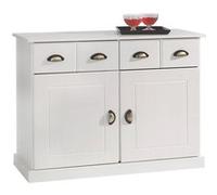 IDIMEX Buffet Salle à Manger Paris L 91 cm en Bois Massif Blanc 2 tiroirs 2 Portes Meuble Rangement avec poignées coquilles en métal bahut vaisselier Commode 91 x 78 x 39 cm