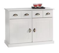 IDIMEX Buffet Salle à Manger Paris L 91 cm en Bois Massif Blanc 2 tiroirs 2 Portes Meuble Rangement avec poignées coquilles en métal bahut vaisselier Commode 91 x 78 x 39 cm