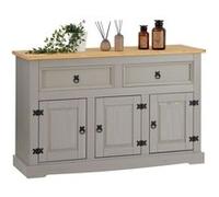 Buffet TEQUILA commode bahut vaisselier en bois style mexicain avec 2 tiroirs et 3 portes battantes, en pin lasuré gris et brun