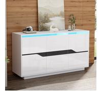 Buffet salon 140x40x76cm 3 portes blanc brillant LED, commode rangement modulable sans poignées pour canapé