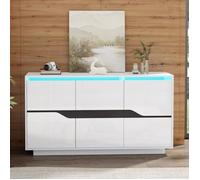 Buffet Salon avec LED 140 x 40 x 76 cm Buffet blanc 3 Portes Commode avec séparateurs réglables, larges casiers sans poignées