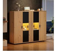 Buffet salon, Buffet avec 4 portes et lumière LED, 140x35x113 cm, Vitrine de salon, Vitrine en verre, Etagère réglable, Noir+bois