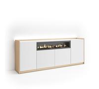 Buffet salon et cuisine 207x37x80cm Cheminée électrique LED Blanc et Chêne Soft RF4950 module porte et étagère intérieure.