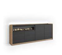 Buffet salon et cuisine 207x37x80cm Cheminée électrique LED Noir et chêne RF4914 composé de module portes battantes.